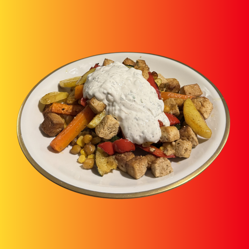 Ofengemüse mit Tofu & Kräuterquark