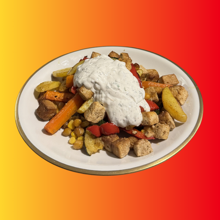 Ofengemüse mit Tofu & Kräuterquark